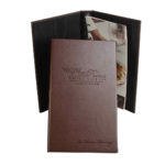custom leather menu covers with a ring binder for ultimate flexibility in number of sheets proudly displays the company logo and restaurant food selections