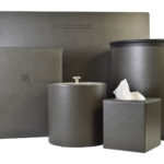 custom hotel room supplies includes desk blotter, ice bucket, tissue holder, wastebasket and guest room directory