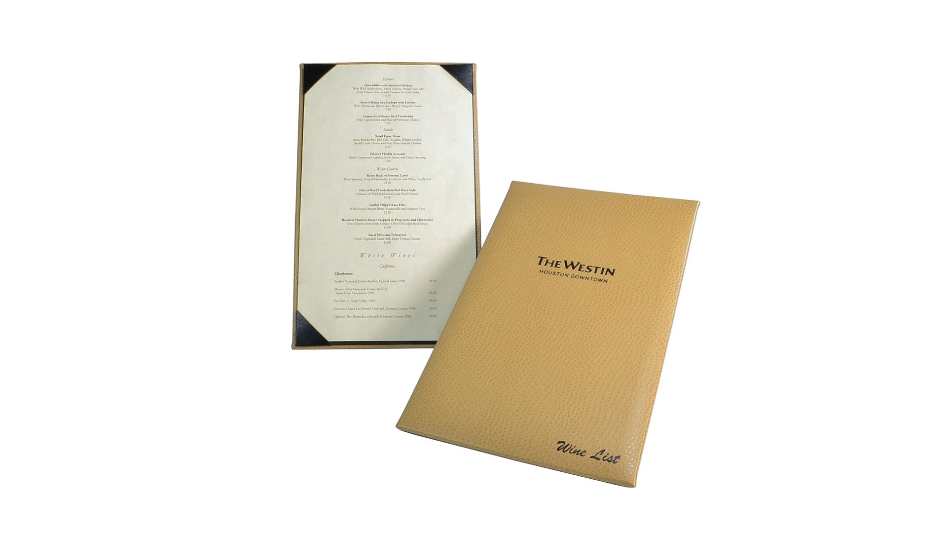 custom leather menu board proudly displays the company logo and restaurant food selections
